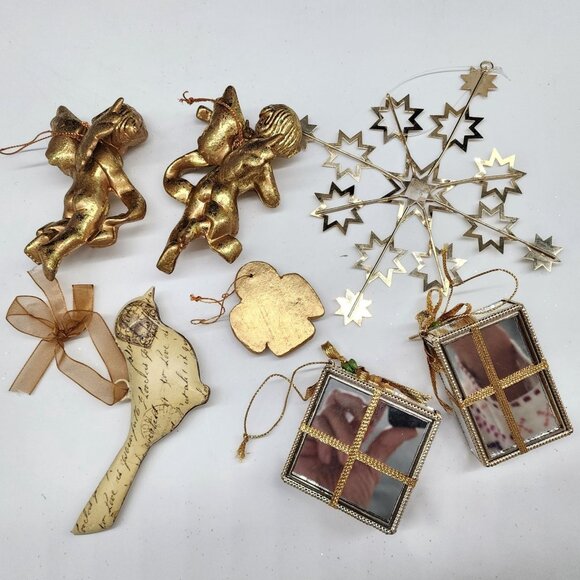 Vintage Christmas Ornament Gold Tone Angels Stars Mirror Gift Boxes Metal Bird - Picture 6 of 6